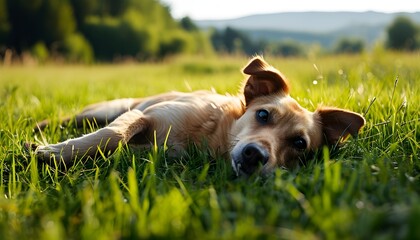 Playful dog resting on grassy field with curious gaze toward the camera