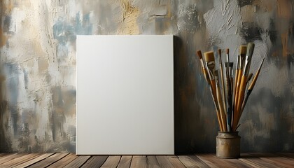 Wall Mural - Inviting blank canvas and paintbrush await artistic creativity against a textured wall backdrop