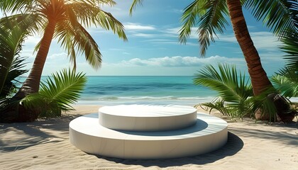 Wall Mural - Tropical stage surrounded by palm trees and serene sea view