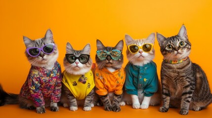 Group of cats in colorful, mismatched clothing with quirky accessories, posing against a neon orange backdrop with copy space.