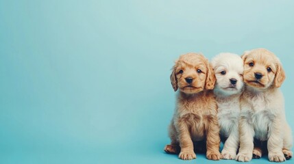 Playful dog puppies in trendy shades, sitting together on a solid blue background, perfect for editorial or commercial use with copy space.