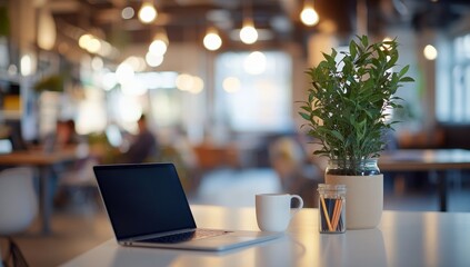 A laptop, coffee mug, pencils and a plant on a table in a modern office.