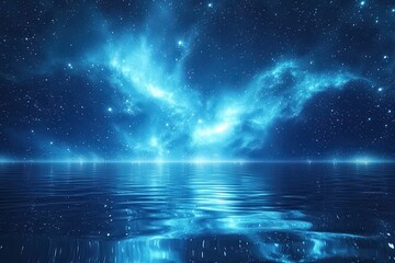 a blue sky with stars and a body of water