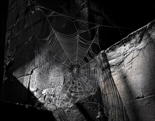A spider web on a wall casting shadows