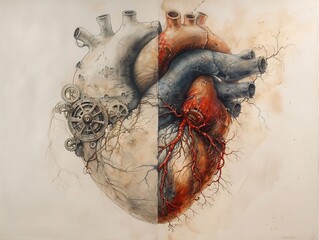 Wall Mural - Heart drawing split into two halves one side mechanical with gears and cogs the other side organic with veins and soft shading