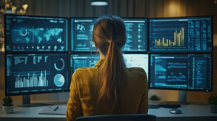 Woman Working on Computer with Data Analytics Charts and Graphs