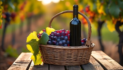 Wall Mural - Red wine and fresh grapes in a basket on rustic wooden table amidst serene vineyard scenery