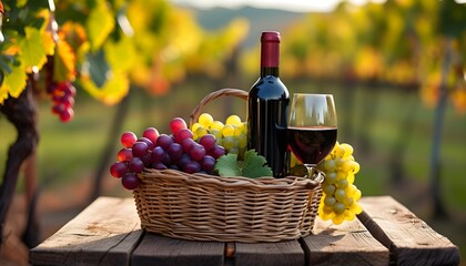 Wall Mural - Red wine and fresh grapes in a basket on rustic wooden table amidst serene vineyard scenery