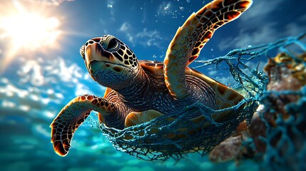 Wall Mural - A sea turtle struggles, entangled in a plastic net, a poignant image of ocean pollution.