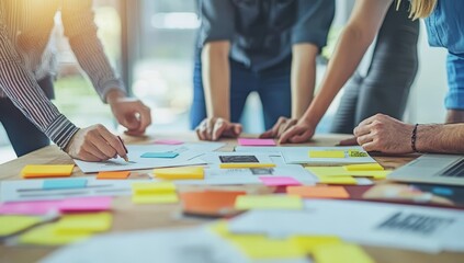 Poster - A group of people collaborating on a project, working with sticky notes and papers on a table.