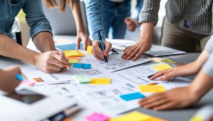 Poster - Close-up of a group of people working together on a project, brainstorming and drawing ideas on paper with sticky notes.