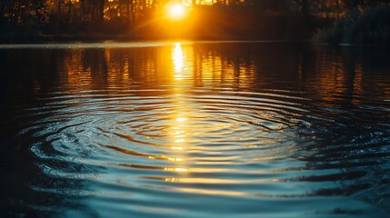 Wall Mural - Generative AI Image of Tranquil Empty Lake River with Nature Tropical Forest at Sunset Sunrise Sky