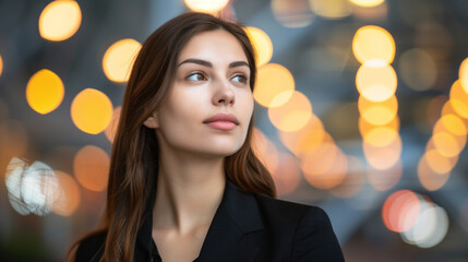 Professional woman with career change concept in multiple languages, globe and laptop in office setting, allowing space for text or design integration.