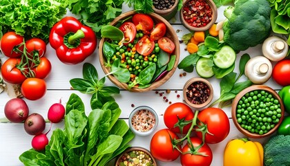 Wall Mural - Colorful Vegetarian Feast: Fresh Ingredients and Nutritional Delights on a White Tabletop