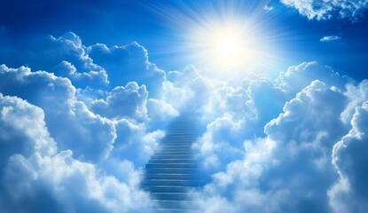 Wall Mural - stairway to heaven with white clouds and bright sun.