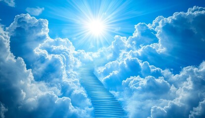 Wall Mural - a staircase leads upwards through white clouds in a bright blue sky with a shining sun.