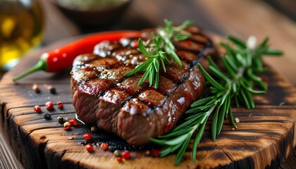 Savory grilled beef steak infused with rosemary and chili pepper served on a rustic wooden board