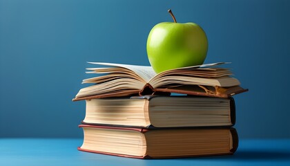 Wall Mural - Celebrating Education with Books and Apples on a Vibrant Blue Background