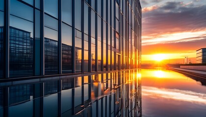 Wall Mural - Stunning sunset reflections in modern office building windows beside tranquil water