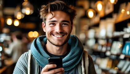 Wall Mural - Joyful Male User Engaged in Online Chatting with Smartphone at Modern Coffee Shop