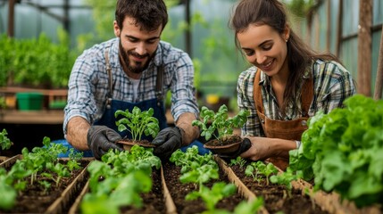 A couple tends to seedlings in a greenhouse, happily working together among healthy plants, showcasing a love for gardening and nurturing.