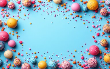 Colorful assortment of sprinkles and candy balls on a blue background, perfect for festive themes, desserts, and celebrations.