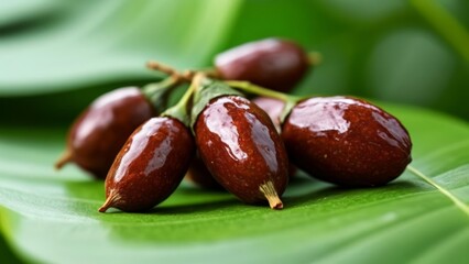 Wall Mural -  Ripe glossy red berries on a green leafy background