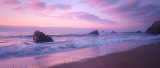 Poster - Serene Beach at Dawn with Soft Pink Sky