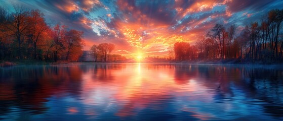 Wall Mural - Vibrant Sunset Over Peaceful Lake in Autumn