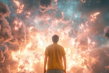 Wall Mural - A man in a yellow shirt stands in front of a cloud of fire