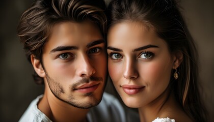 Wall Mural - Captivating portrait of a beautiful young couple in love gazing at the camera with joy and affection