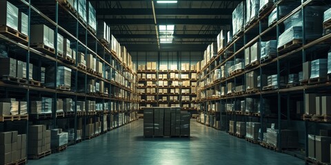 An aisle in a large warehouse is lined with shelves full of cardboard boxes.