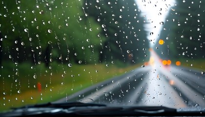 Wall Mural - Rainy day drive with droplets on windshield and reflections on wet pavement