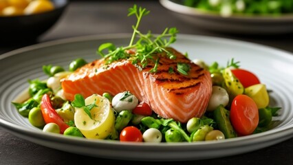 Wall Mural -  Deliciously grilled salmon with a vibrant vegetable medley