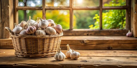 Rustic wicker basket filled with freshly harvested garlic bulbs on wooden table by window , agriculture, harvest, garlic