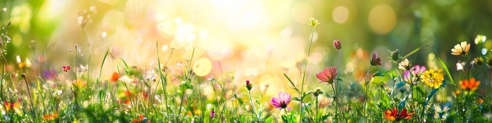 Wall Mural - colorful wildflowers in a sunny meadow with bokeh effect.