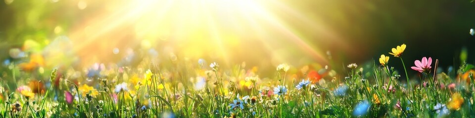 Wall Mural - a field of wild flowers with the sun shining through them.