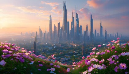 Futuristic urban skyline adorned with vibrant flowers illuminated by the gentle light of dawn