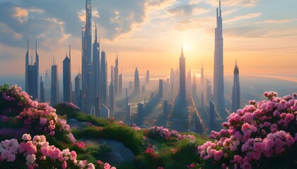 Wall Mural - Futuristic urban skyline adorned with vibrant flowers illuminated by the gentle light of dawn