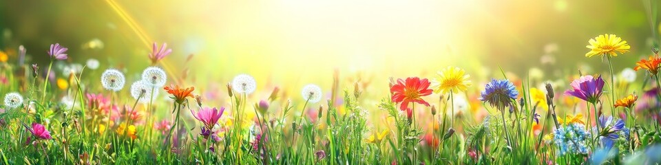Wall Mural - vibrant wildflowers in a meadow bathed in warm sunlight.