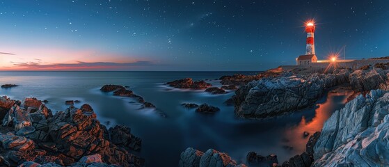 Poster - Serene Lighthouse on Rocky Coastline at Twilight