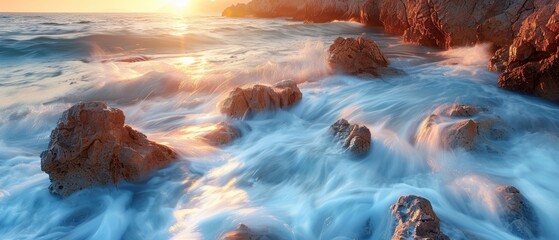 Poster - Serene Sunset Over Ocean Waves and Rocky Shoreline