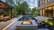 © Intach - Pool area with a sunken fire pit and built-in seating, surrounded by modern landscaping and outdoor lighting