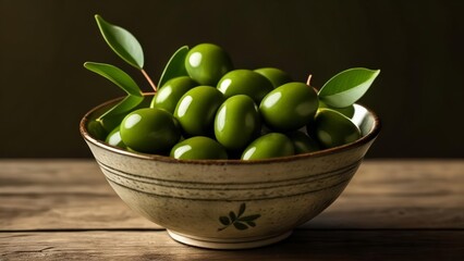 Wall Mural -  Freshness in a bowl  Green olives with leaves