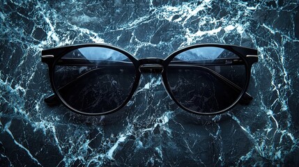 Stylish black sunglasses resting on a dark marble surface with reflections on a sunny day