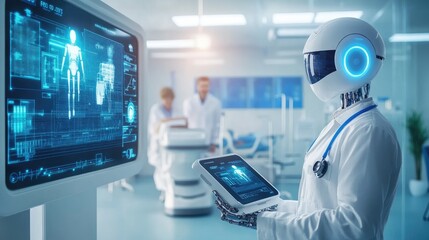 Wall Mural - AI robot assisting in patient care and monitoring while a physician manages treatment plans in a modern clinic