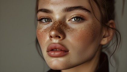 Canvas Print - Striking Close-Up of Freckled Model Showcasing Flawless Makeup in Natural Light for Fashion Editorial