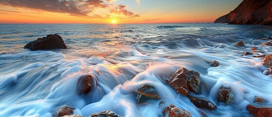 Serene Sunset Over Gentle Ocean Waves and Rocks