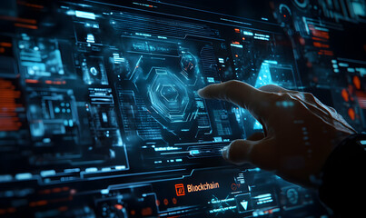 A hand interacts with a futuristic digital interface displaying blockchain technology.