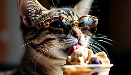 Wall Mural - Charming cat indulging in ice cream while wearing sunglasses alongside an adorable kitten enjoying a sundae